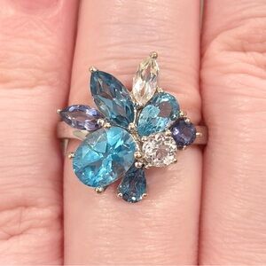 Vintage 10K Blue Topaz Cluster Ring White Gold Abstract Oval Marquis Iolite 6.25